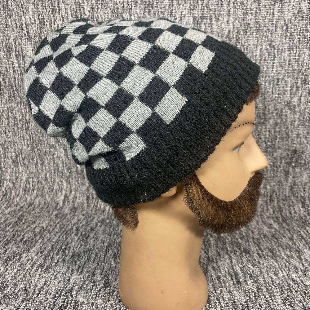 OshKosh Bgosh Beanie Kids 8 Black Gray Checkered Knit Fleece Lined Winter Hat
